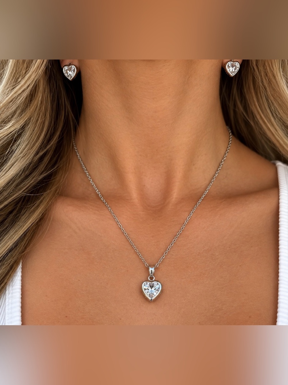 Heart CZ Pendant Necklace and Stud Earrings Set - Silver